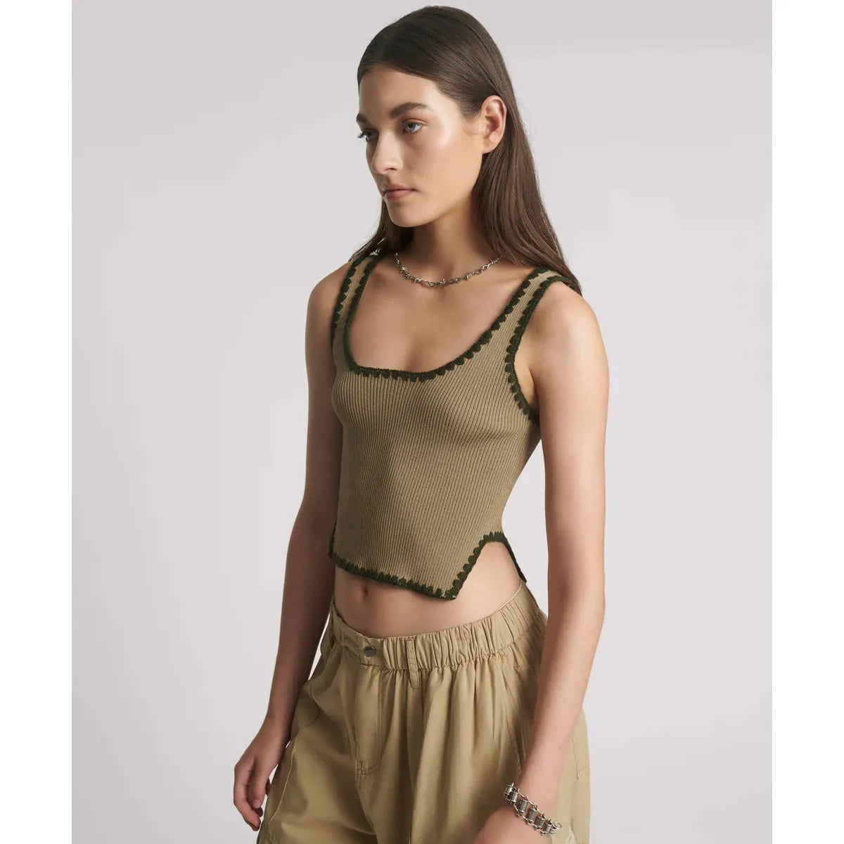 Knitted Scallop Tank - Khaki